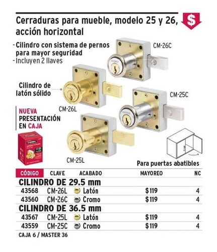 Cerraduras para mueble, modelo 26 acción horizontal, Cerraduras Para Mueble