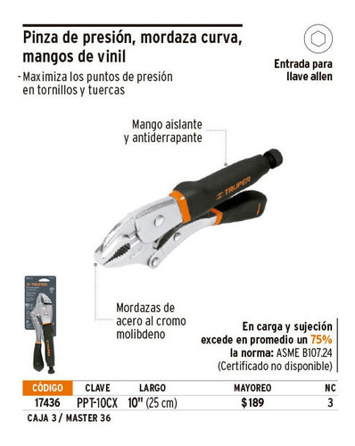 Pinza de presión 10 (25 cm) mordaza curva mango de vinil, Truper