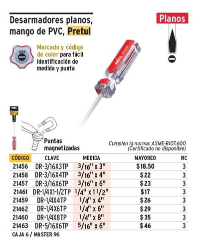 Destornillador Plano 3/16” X 4” Mango De Pvc Pretul 21458